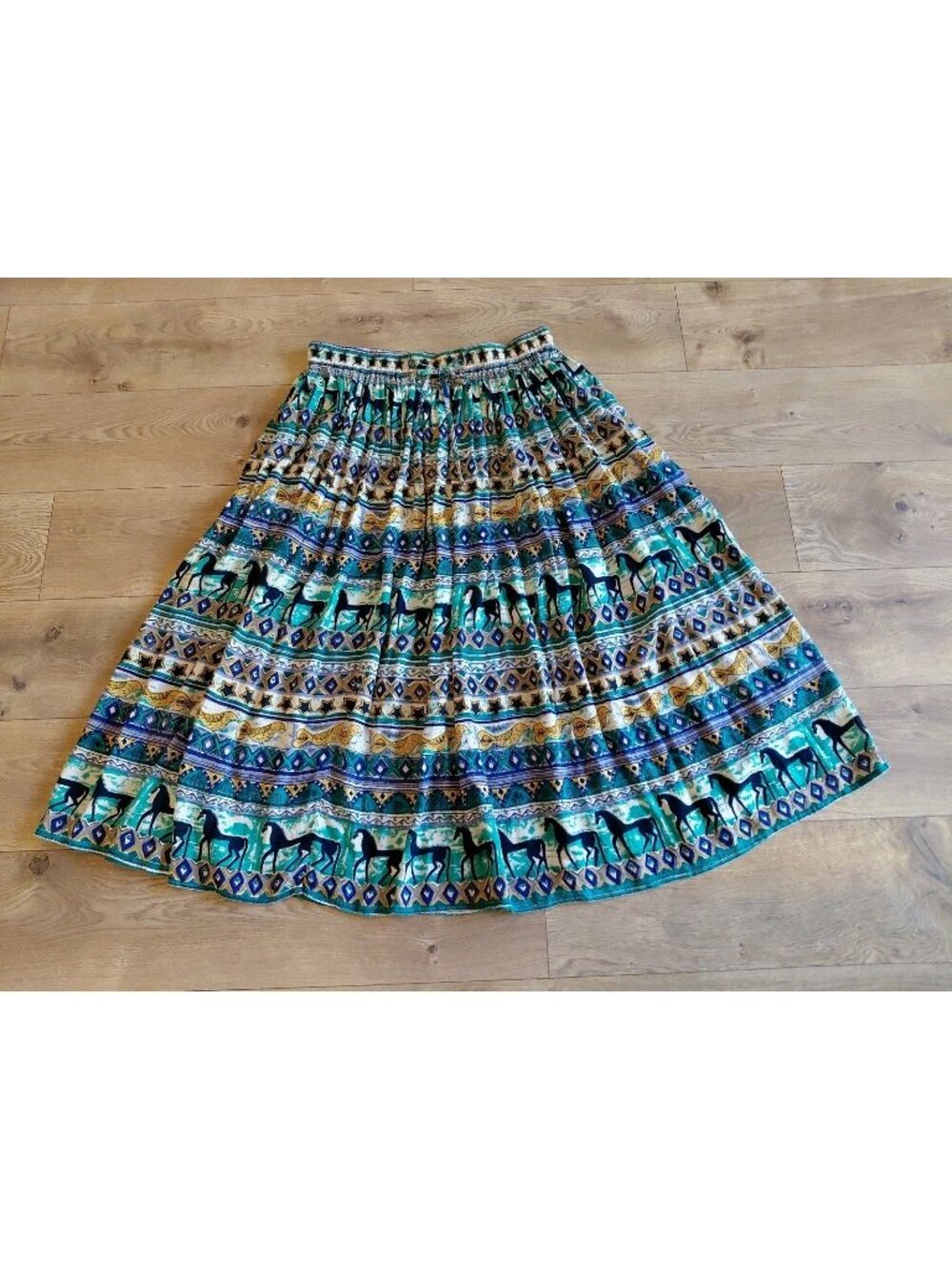 Vintage Phool Skirt Maxi Full Boho Hippie Crinkle Rayon Horses Birds 1 Size Plus